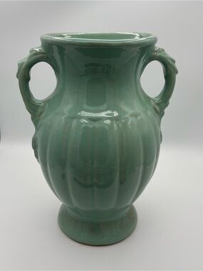 Early Unmarked McCoy Pottery Double-Handled Urn 12” Vase Teal Aqua - Heavy